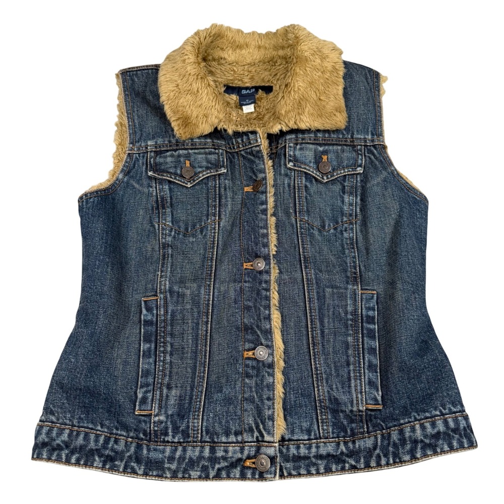 Gap Womens Denim Vest Faux Fur Lined Blue Medium Wash Y2K HOL 02 Size M